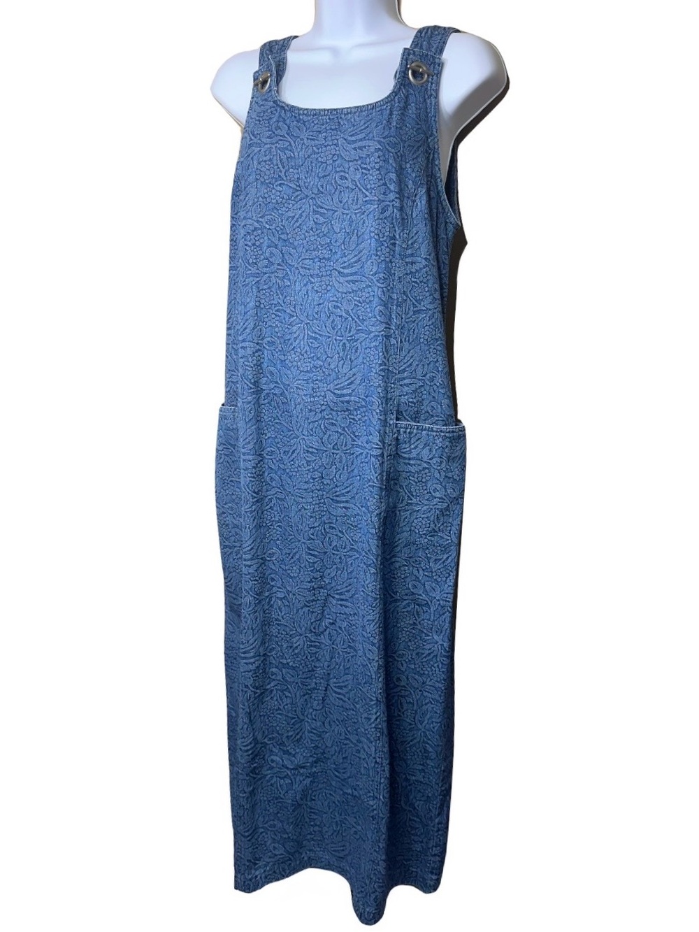 Vintage Y2K Floral Blue Denim Jacquard Jumper Maxi Dress Small - Picture 3 of 5